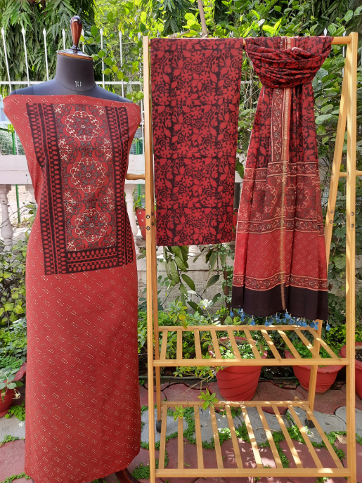 Beige - Natural Dyed Brush Design Ajrakh Print Cotton Suit Set with Dupatta for women 08