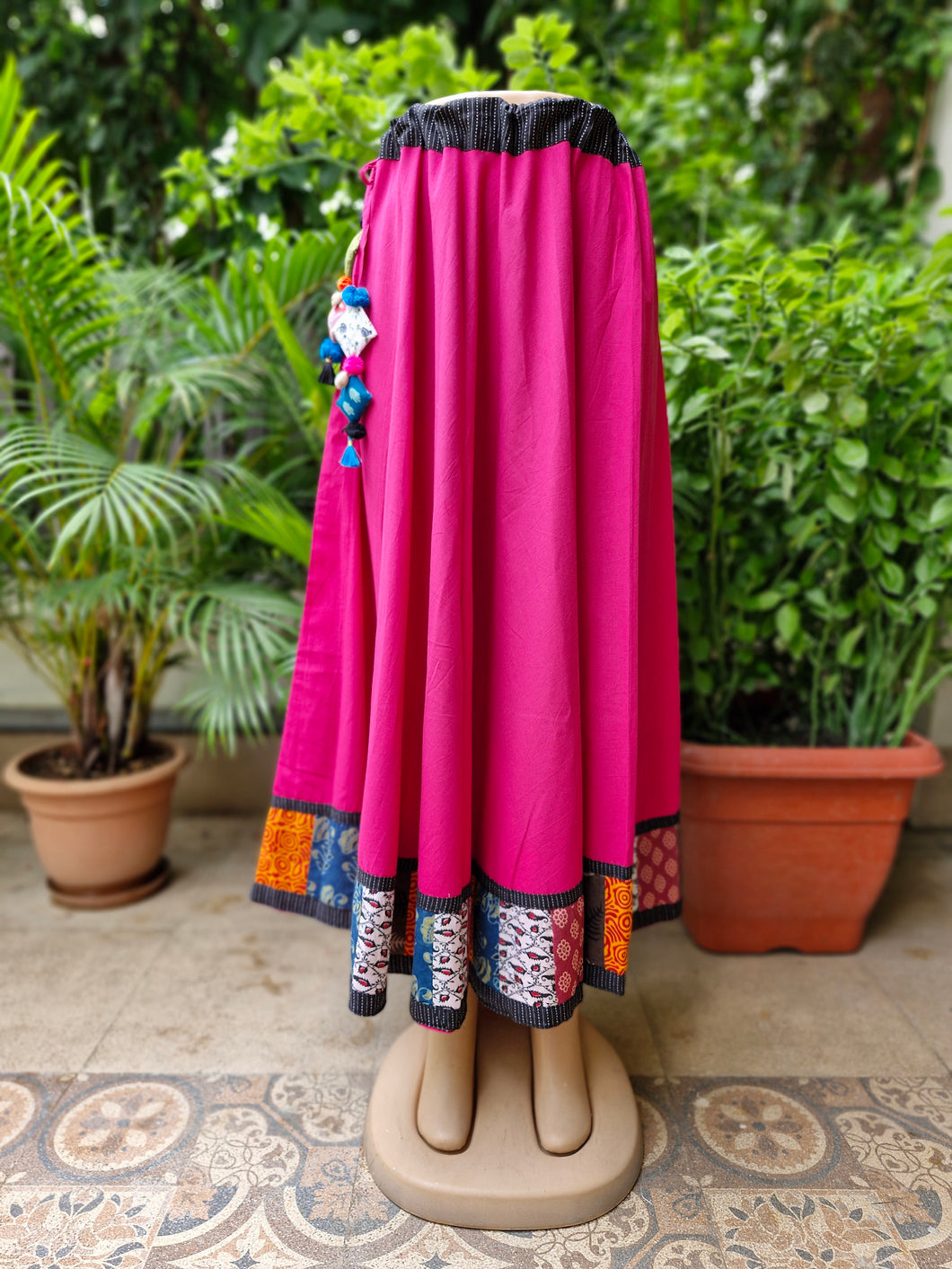 Cotton Long Skirt With Jaipuri Border Magenta