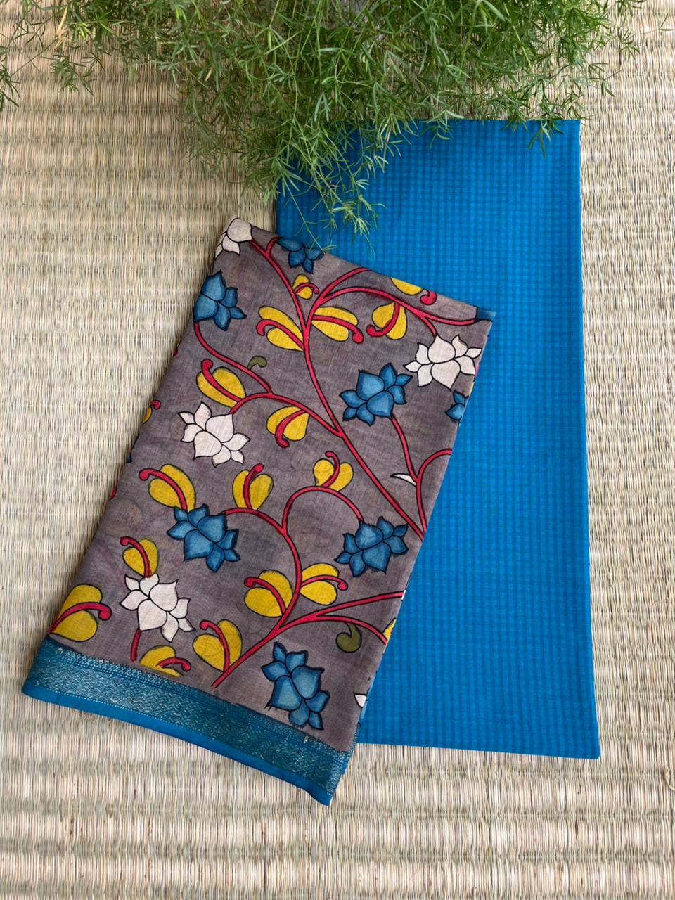 Kala Cotton Dress Material with Chanderi Kalamkari Hand Painted Dupatta