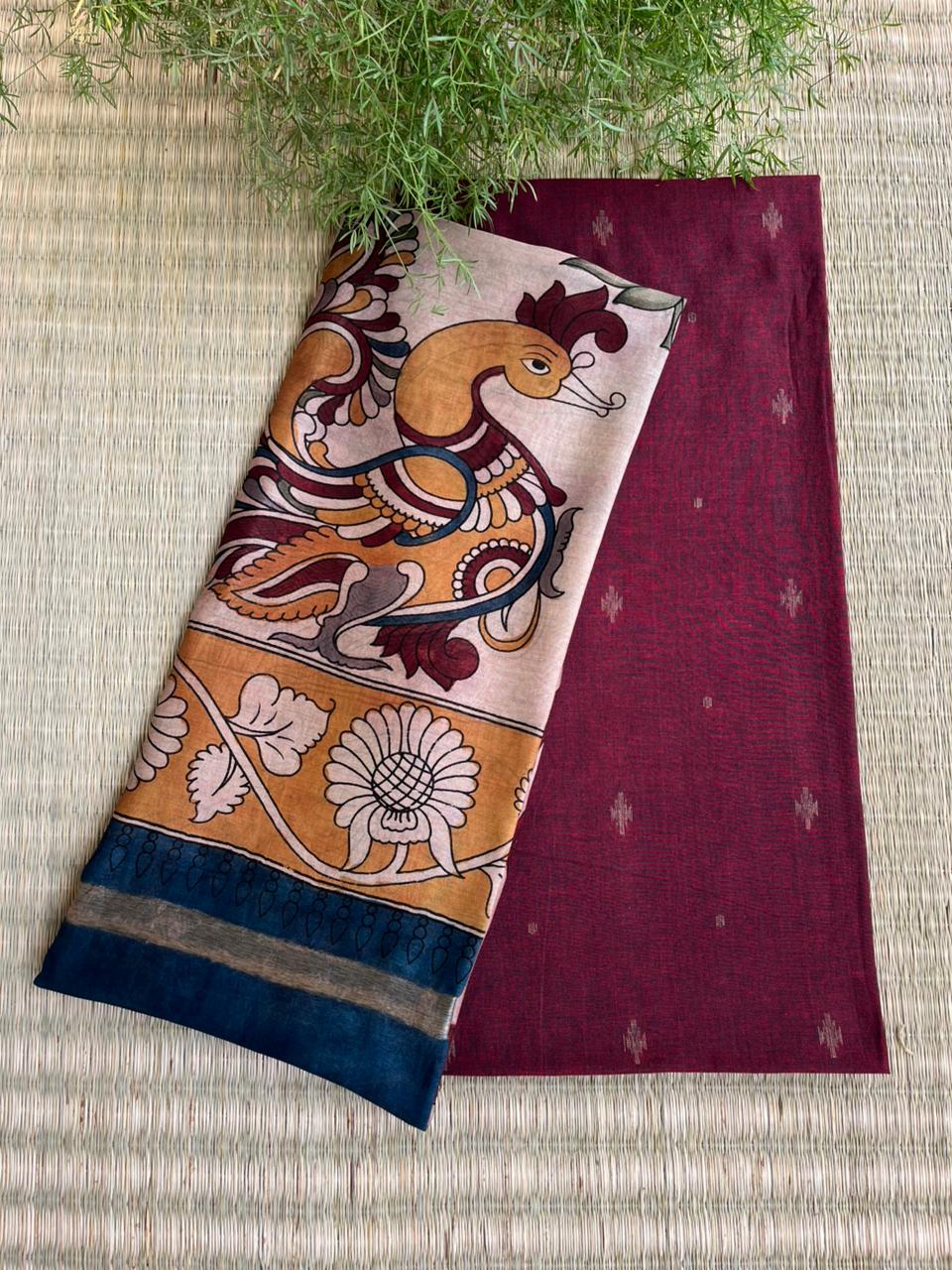 Kala Cotton Dress Material with Chanderi Kalamkari Hand Painted Dupatta
