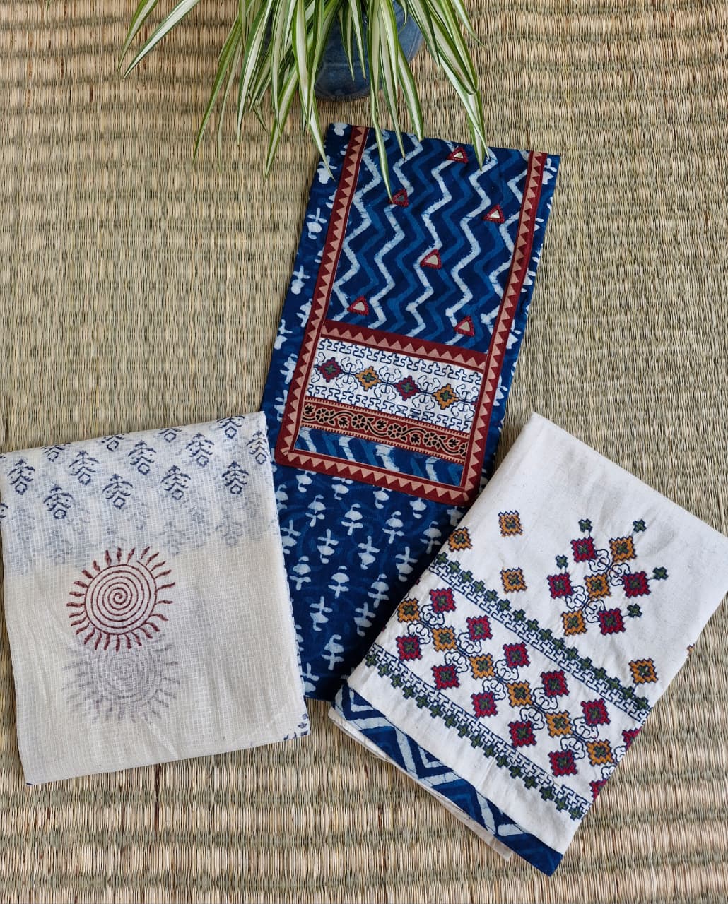 Indigo Cotton Yoke Hand Work Suit Set