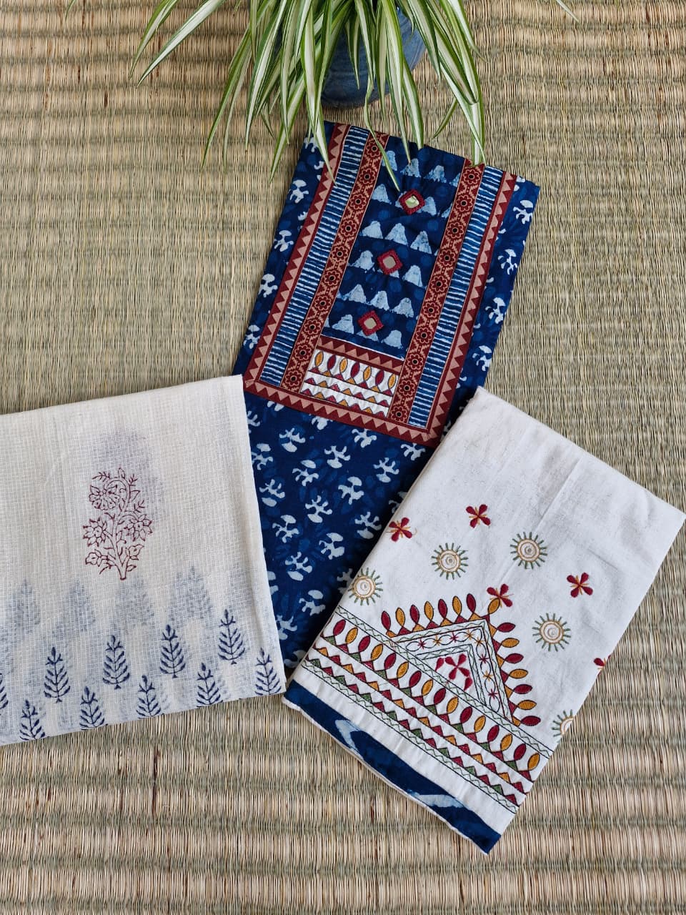 Indigo Cotton Yoke Hand Work Suit