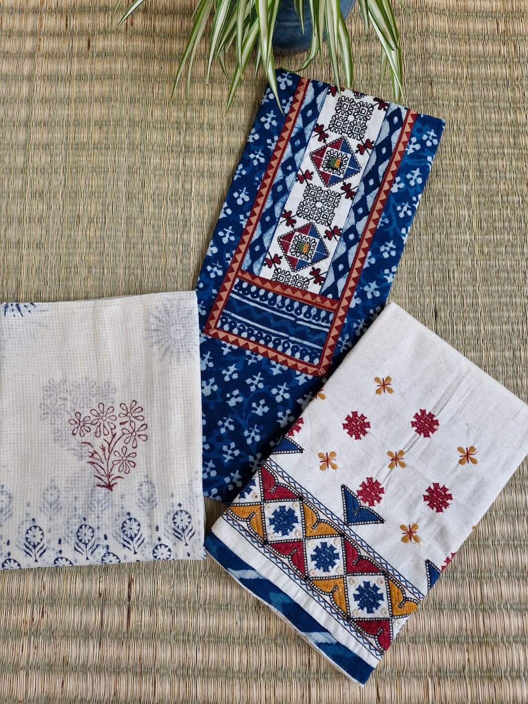 Indigo Cotton Yoke Handwork Suit