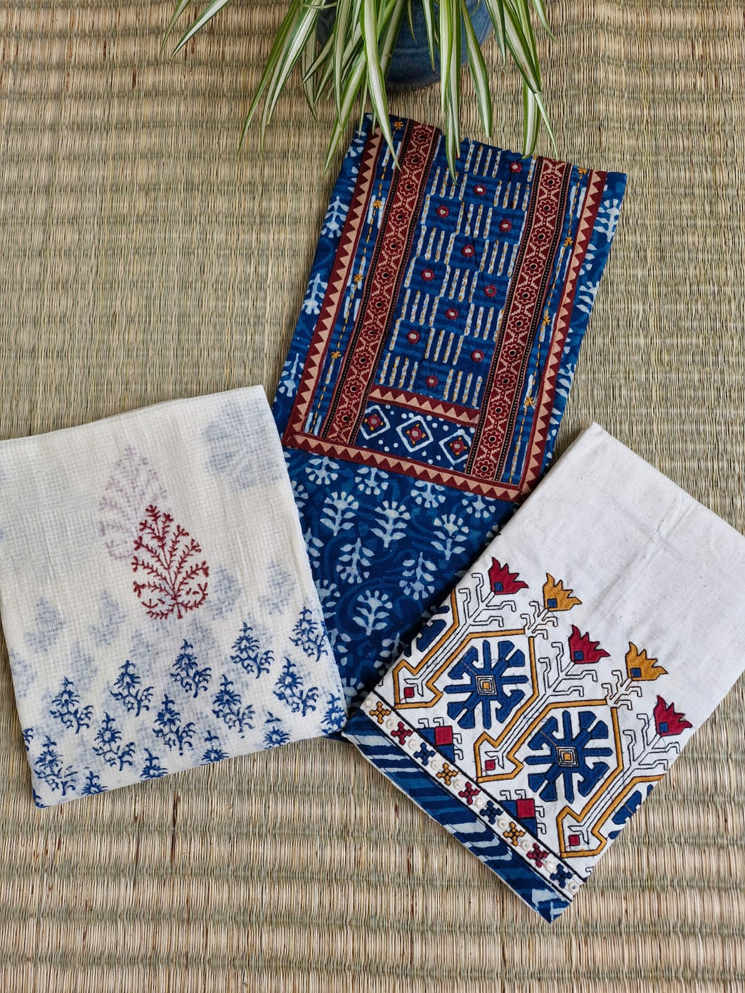 Indigo Cotton Yoke Handwork Suitset