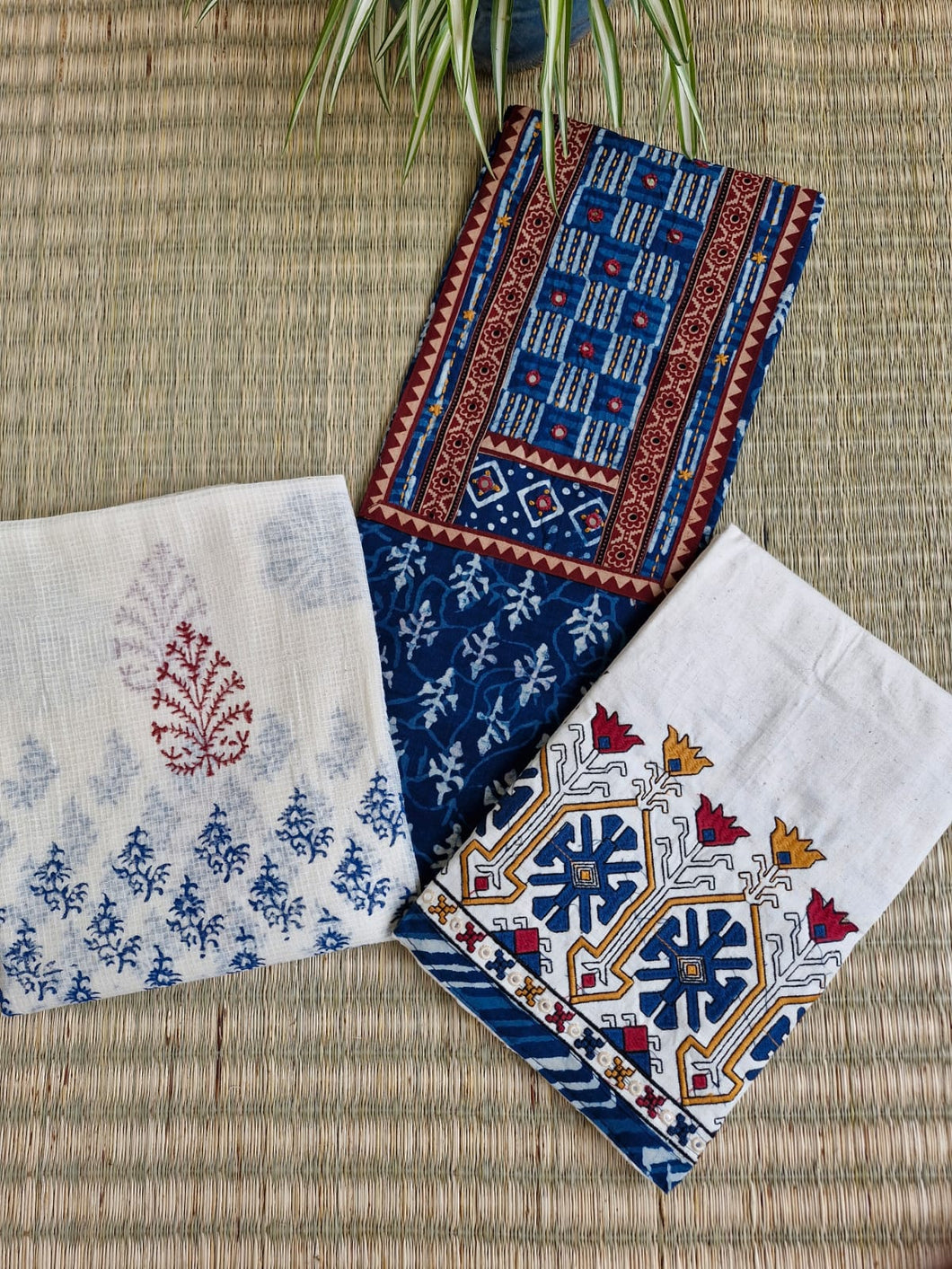 Indigo Cotton Yoke Hand Work Suitset