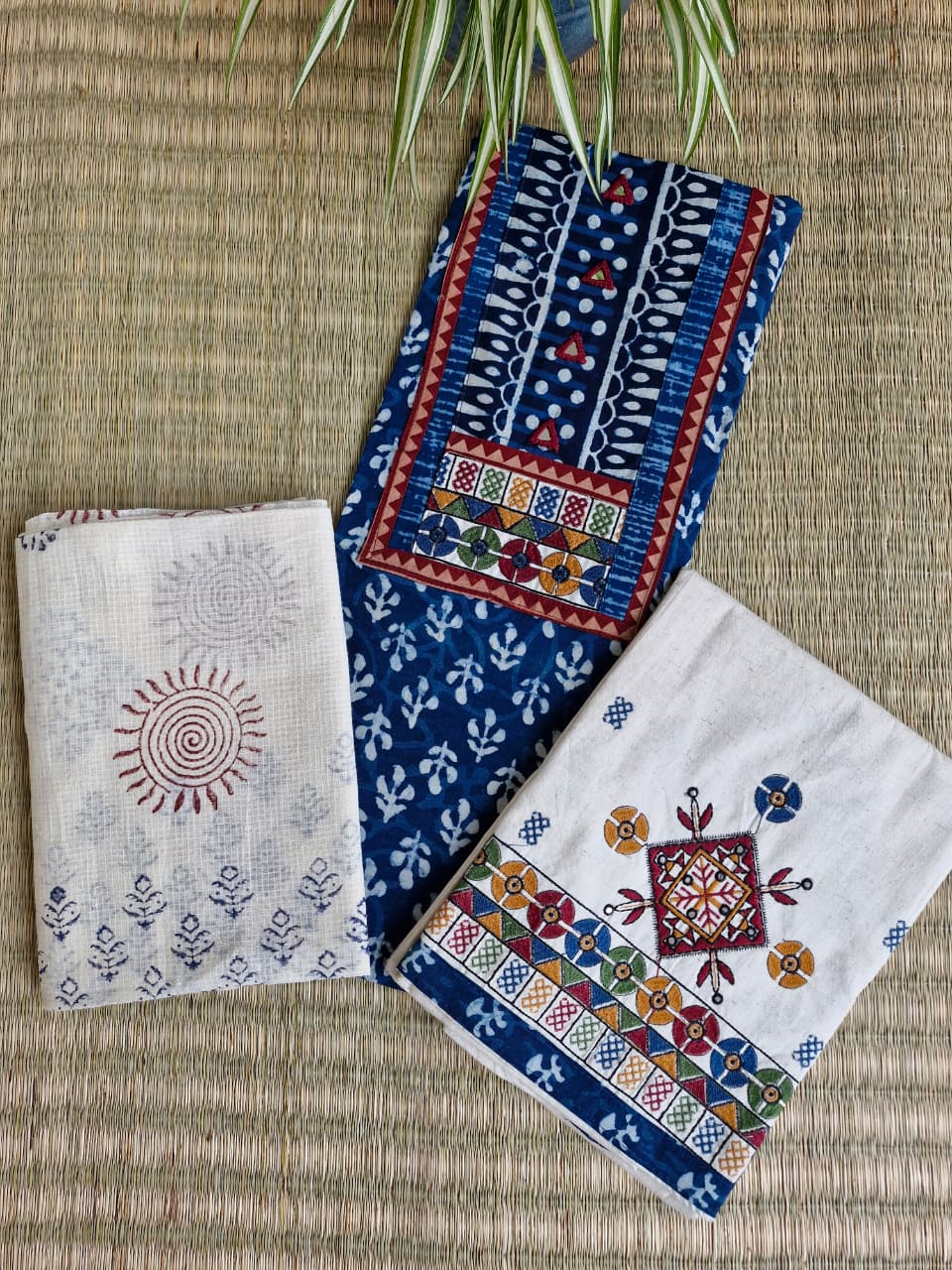 Indigo Cotton Yoke Hand Work Suit Set